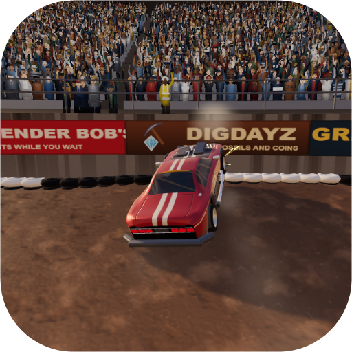 A real picture from the game: the red Ironclad V8 thrown into the air in Rustbowl Arena, with a packed crowd behind it