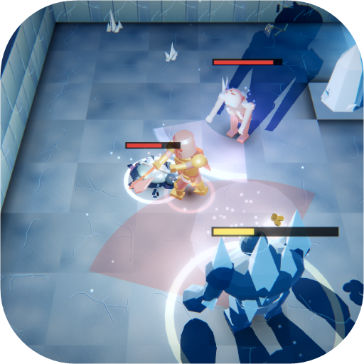 A real picture from the game: a golden hero fighting an ice golem in a frozen cave