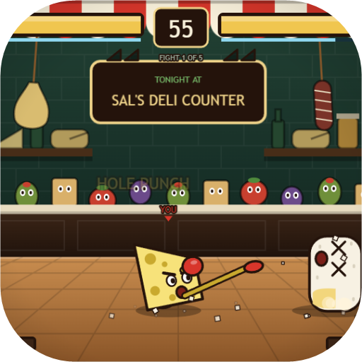 A real picture from the game: a wedge of Swiss throwing a stretchy punch at a wheel of Brie in a deli